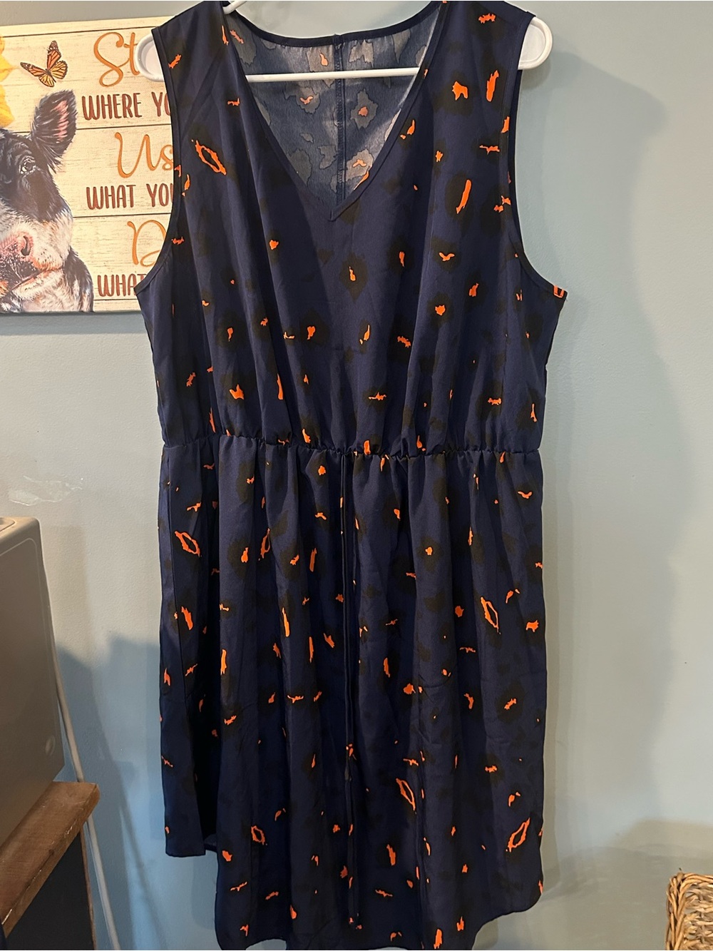 Navy Blue Sleeveless Dress with Orange Print
